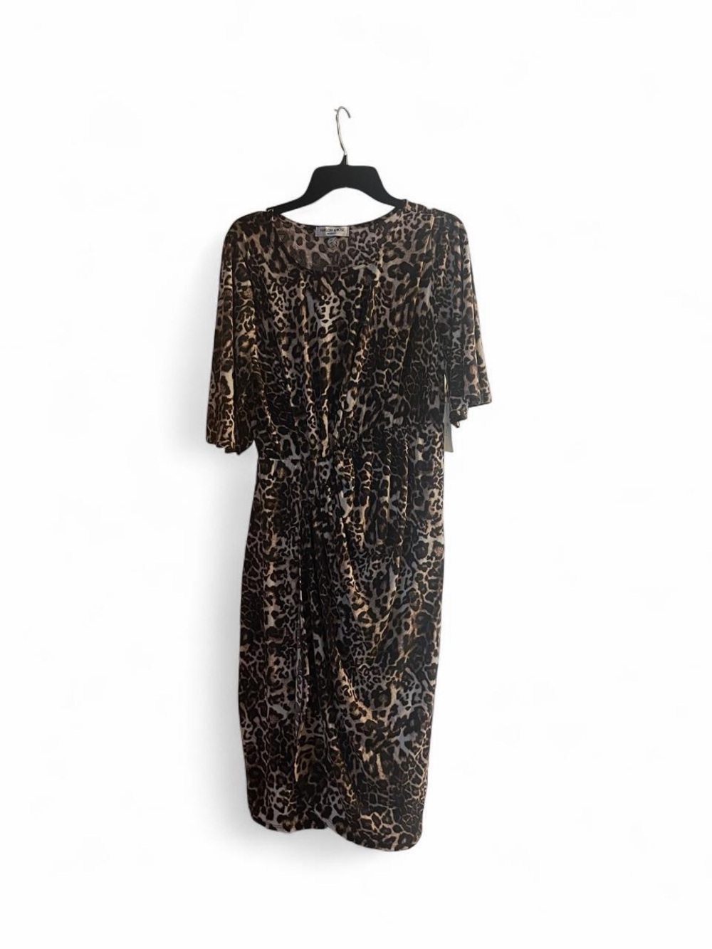 Harlow and Rose Leopard Print Midi Dress in Black and Brown with Waist Tie